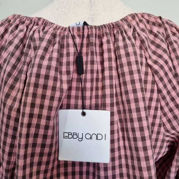 Ebby and I Pink & Brown Gingham Oversize Balloon Sleeve Top Size 10 - Picture 6 of 7